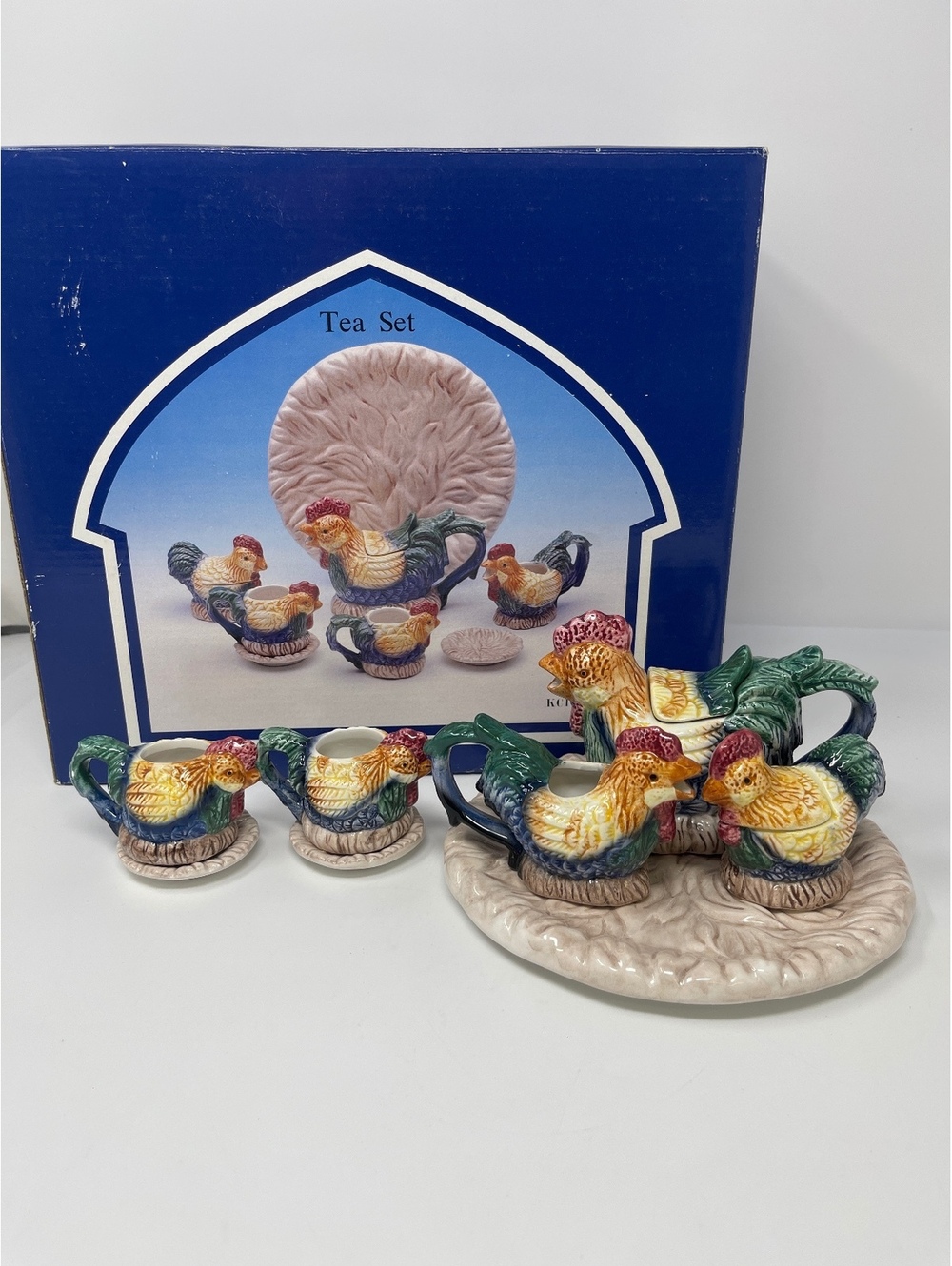 Cracker Barrel Hand-Painted Ceramic Country Rooster Tea Set with Original Box